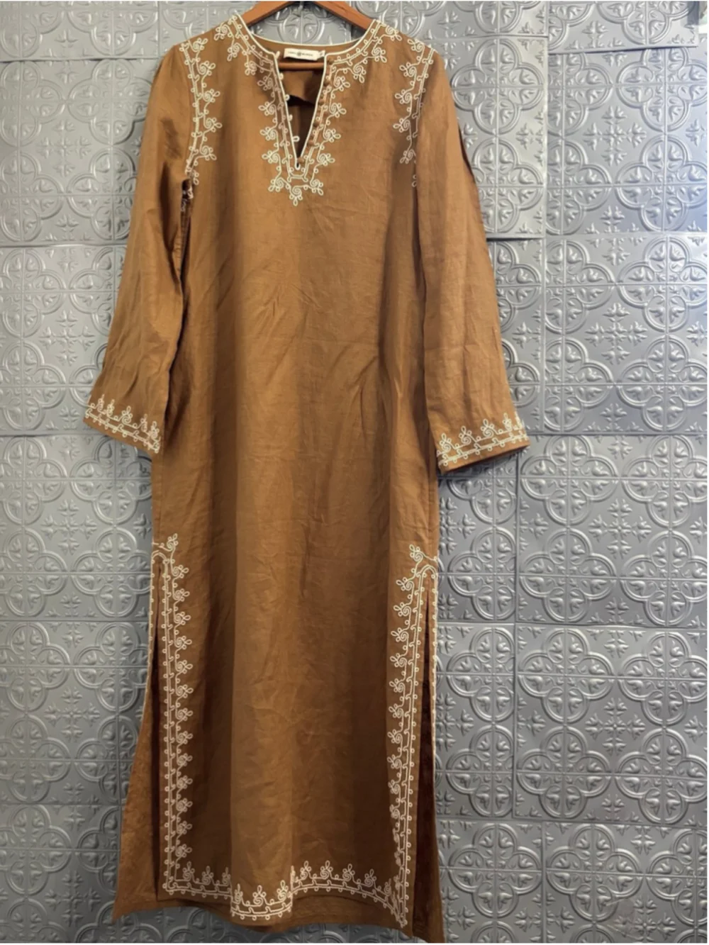 Tory Burch Maxi Dress Embroidered Linen Long Dark Tan Beige Kaftan Designer